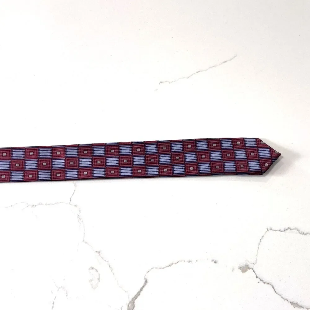 CRAZY HORSE Men's Burgundy Blue Geometric Oxford Tie Necktie 100% Silk Classic